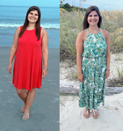 Image AltLeft: Woman in a red dress standing on the beach with the ocean behind her. Right: Woman wearing a green patterned dress, standing in front of sea grass on the beach.